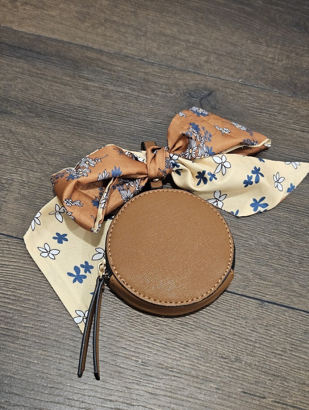 Round Zip Airpod Coin Pouch + Floral Twilly Scarf Accent Brown Vegan Leather